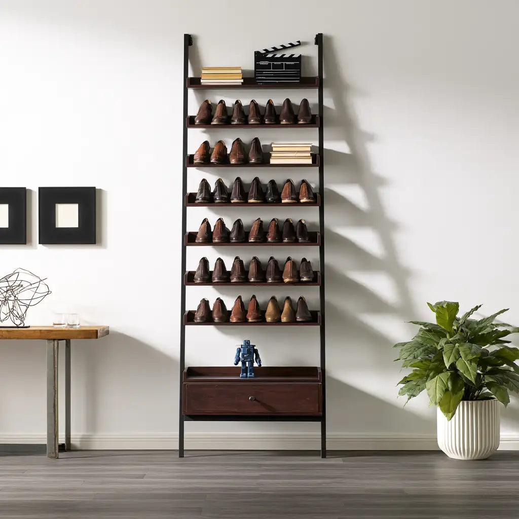 Libreria a scala dalla forma compatta, marrone e nero, per la casa